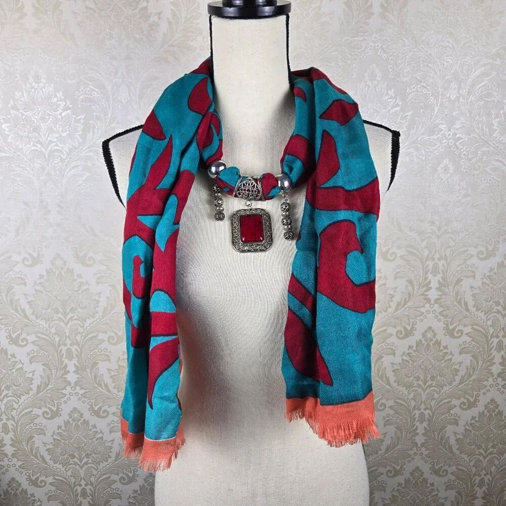 Red Turquoise Coral Infiniti Style Versatile Scarf Silver/Red Jewelry Embellish